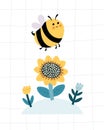 Cartoon bee, sunflower. flat style, colorful vector illuatration for kids.